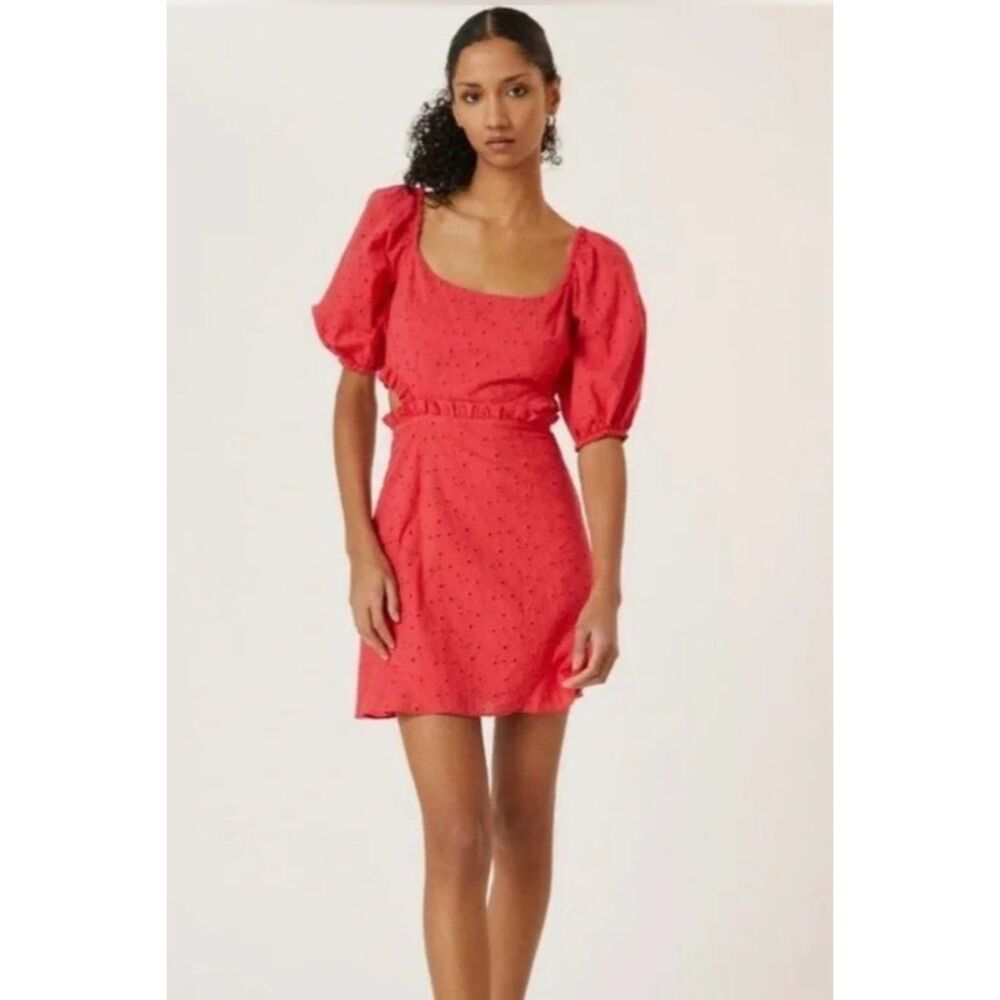 Hutch Anthropologie Short Puff Sleeve Eyelet Cut Out Cotton Mini Dress Red 14